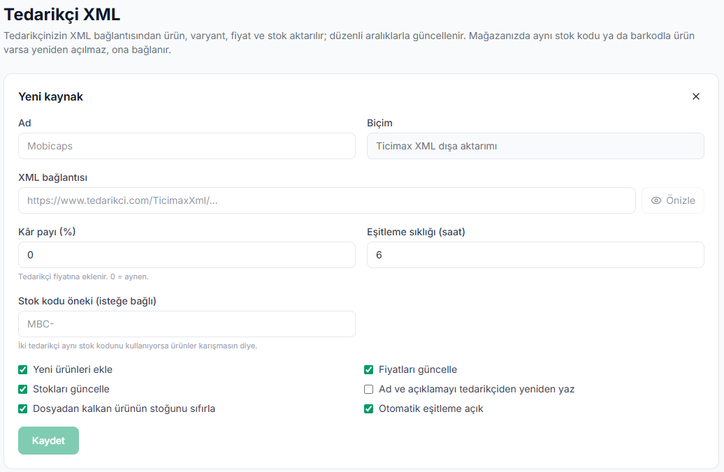XML'i Kaynak Olarak Kullanın